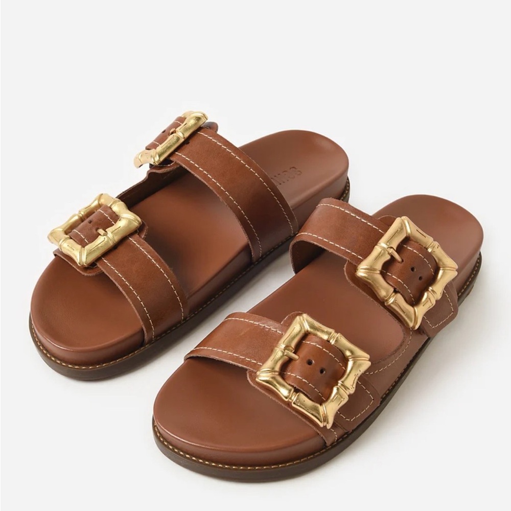 SCHUTZ Brown Leather Slide Sandals with Gold Buckles